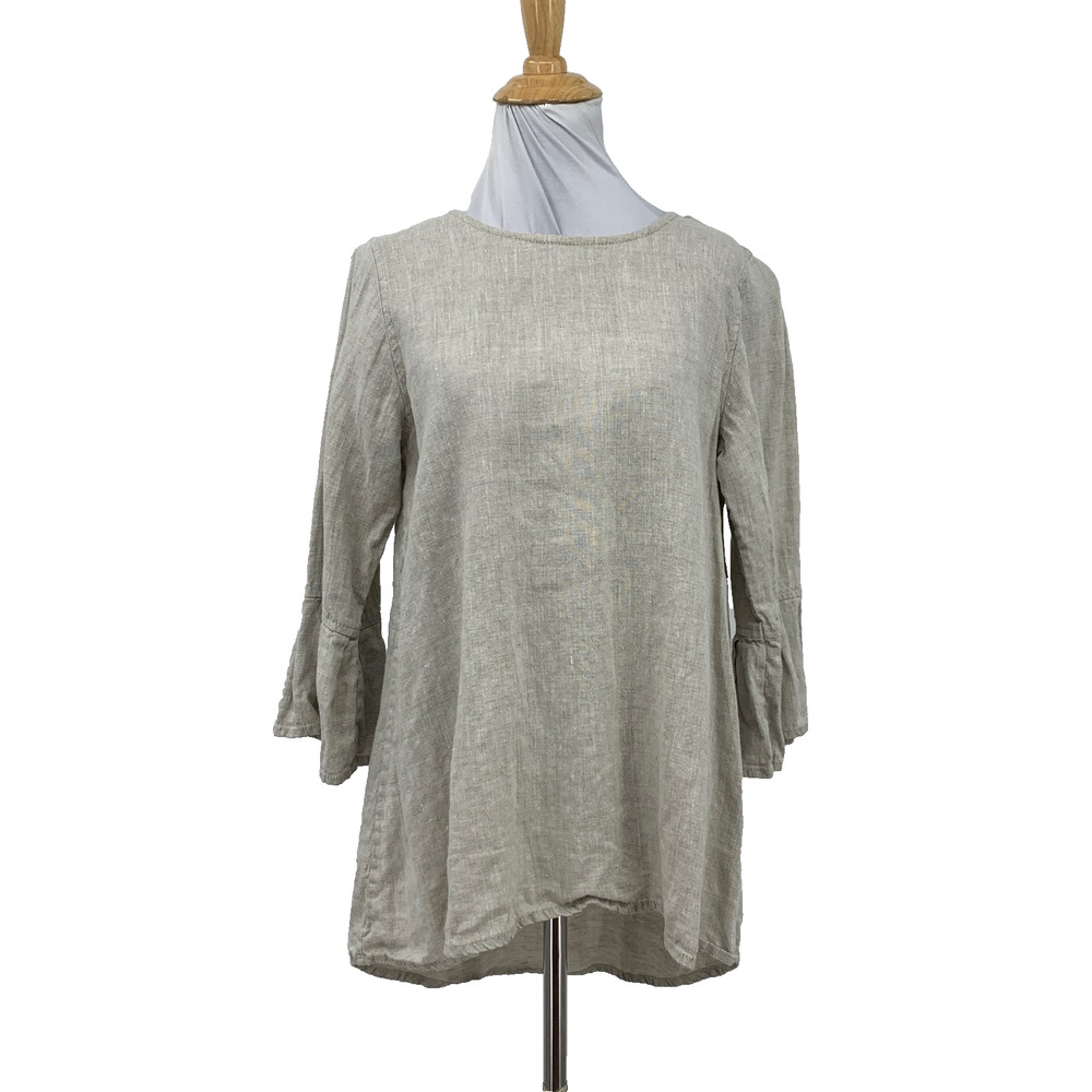 Crown Linen Designs Top Womens S Small Beige Bella Linen Bell Sleeve Hi Lo Hem